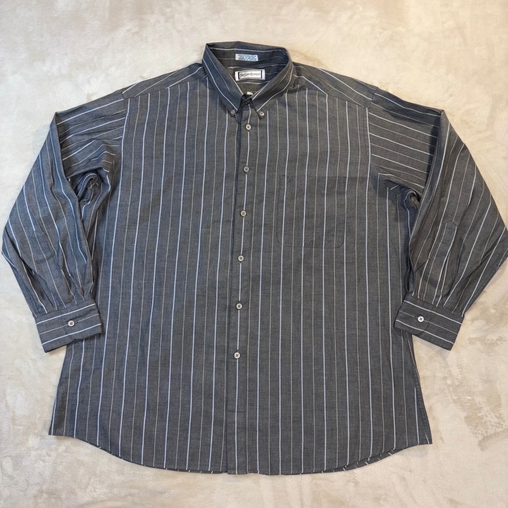Vintage Yves Saint Laurent Mens Striped Button Down Shirt Gray Blue 17 32-33 XL